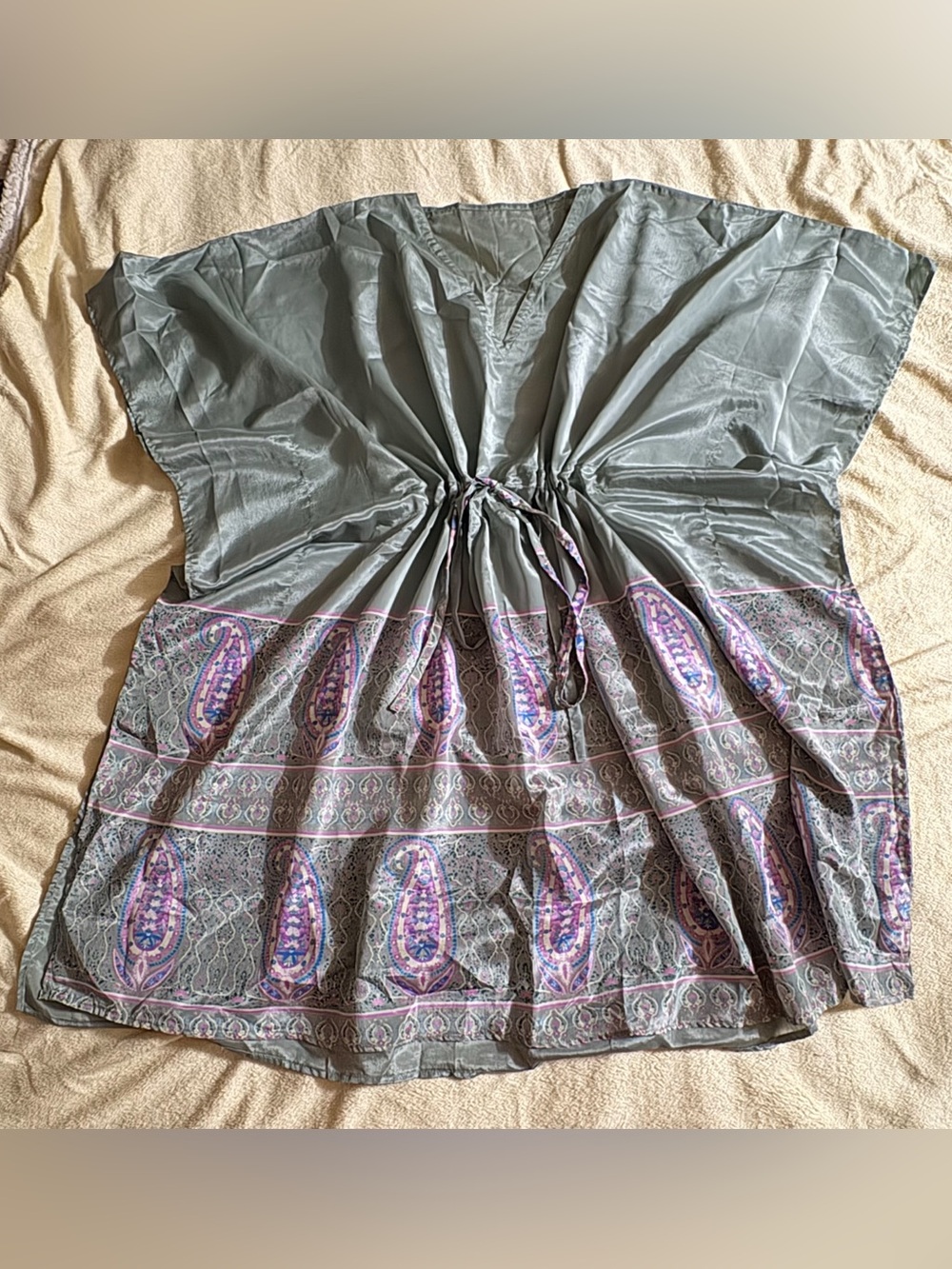 Bohemian Caftan Dress OS Sage Green Pink Purple Paisley Border Drawstring V-Neck